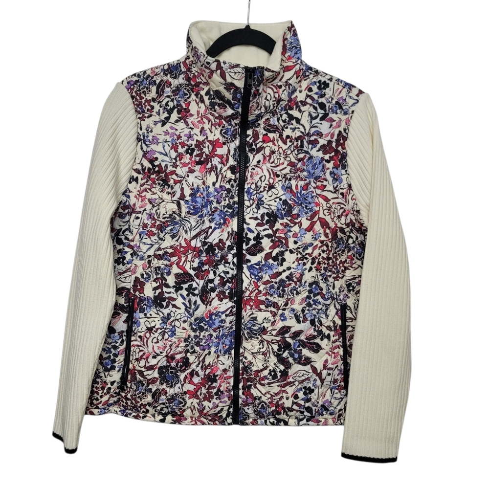 Talbots Quilted Mixed Media Jacket Blue Red Watercolor Garden - Picture 5 of 13